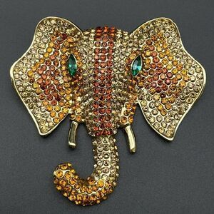 Yellow Gold with Champagne Topaz Crystal Tusked Elephant Pin Back Brooch